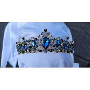 Custom Blue Crystal Tiara Bridal Crown Birthday Wedding Gift Diadem Dark Goth